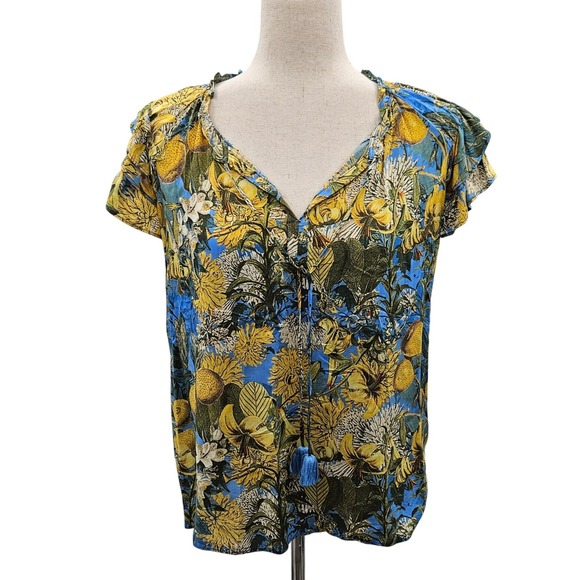 Rose + Olive Tops - Rose + Olive Womens Blue Lemon Floral Tassel V-Neck Flutter Sleeve Blouse Large